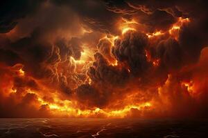 3D illustration of a big stormy cloud with a lot of smoke, A fire hurricane ravages the cloudscape in the sky. A visual representation of climate change induced apocalypse, AI Generated photo