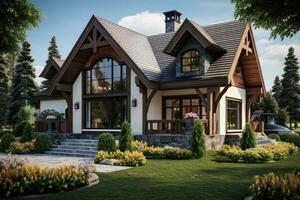 3d rendering of modern cozy chalet with garage for sale or rent, 3d beautiful residential house render, AI Generated photo