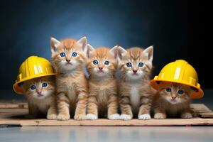 Group of cute little kittens with hard hat isolated on black background. A group of small kittens wearing construction hats, AI Generated photo