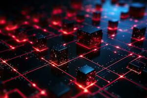 Abstract 3d render of futuristic city with glowing cubes. Technology concept. A closeup of a red glowing blockchain network with  blocks, AI Generated photo