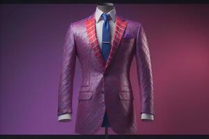 Stylish suits on mannequins on solid color background, closeup. ai generative photo