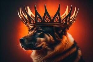 Portrait of a cute dog in a golden crown on a solid color background. ai generative photo