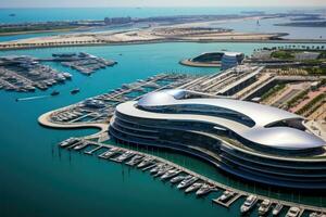 Dubai Marina, Dubai, UAE. Dubai was the fastest developing city in the world between 2002 and 2008 Aerial photo of Yas Island Marina Abu Dhabi, AI Generated