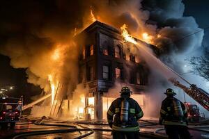 bomberos extinguir un fuego en un edificio a noche. bomberos luchando un fuego. americano grande edificio es en fuego y bomberos son molesto a detener el fuego, ai generado foto