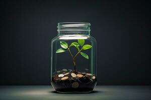 Small green plant in a glass jar with coins on a dark background, A glass jar full of coins and a little plant growing inside the jar, AI Generated photo