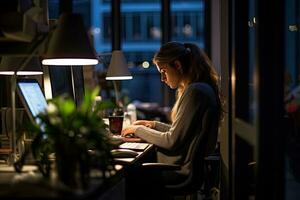 lado ver de joven mujer de negocios trabajando en computadora a noche en oficina, un sincero imagen de un persona trabajando tarde en un oficina, ai generado foto