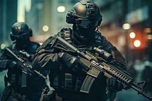 Spec cops police officers in action in the streets of the city. A military special force with futuristic tactical gear and weapons, AI Generated photo