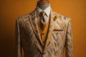 Stylish suits on mannequins on solid color background, closeup. ai generative photo