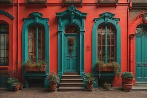 Colorful windows of a typical house in the city, ai generative photo