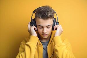 lonely young boy Listen music with headphones ,Generative AI photo