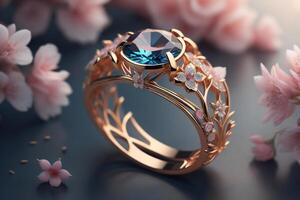 Wedding ring with blue gemstone and cherry blossom on black background. generative ai photo