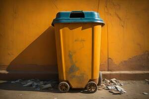 Garbage can on a colorful wall background, vintage color tone style. ai generative photo