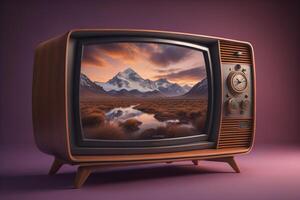 Retro television with mountains in the background. generative ai photo