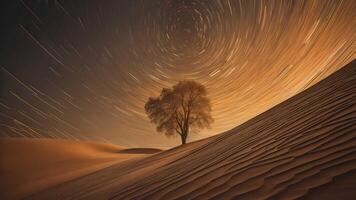 a lonely tree in the desert with star trails. photo