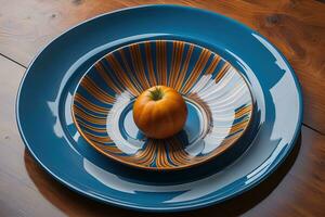 Plate with a pumpkin on a wooden table. Toned. generative ai photo