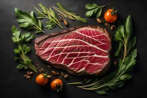 Raw beef sirloin steak with ingredients for cooking on wooden background. ai generative photo