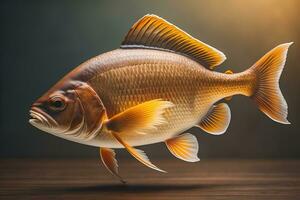 golden fish on a wooden table in front of a blurred background. generative ai photo