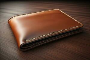 A leather wallet on a wooden background. ai generative photo