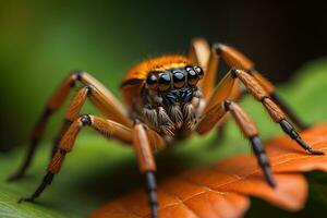 saltando araña de cerca en sólido color fondo, espacio de copia. ai generativo foto