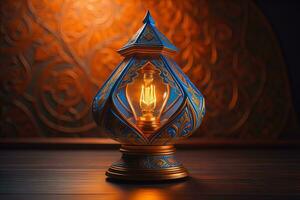 Lantern on a wooden table and a dark background. ai generative photo