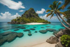 Tropical beach with palm trees and white sand. ai generative photo