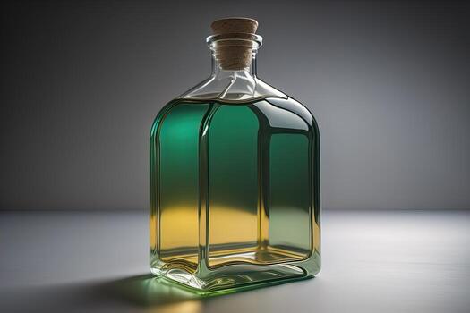 Bottle with a liquid on a solid color background. ai generative photo