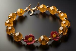 Jewelry Bracelet with precious stones on a gray background. Studio shot. ai generative photo