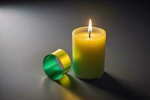 Burning aroma candle on wooden table against solid color background, copyspace. ai generative photo