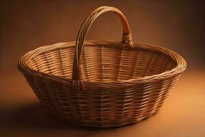 mimbre cesta en un marrón antecedentes. superficial profundidad de campo. generativo ai foto