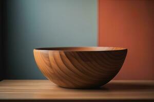 Empty wooden bowl on wooden background. Top view. Copy space. ai generative photo