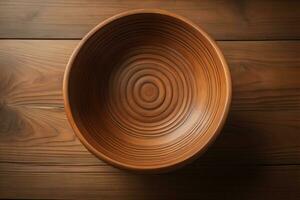 Empty wooden bowl on wooden background. Top view. Copy space. ai generative photo