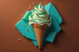 Ice cream in waffle cone on blue background, top view, flat lay. ai generative photo