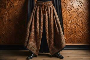 Young woman in traditional thai costume standing on the floor against solid color background. ai generative photo