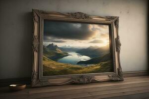 Picture frame in the room with lake and mountains. generative ai photo