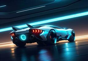 Futuristic black sports car in neon light. ai generative photo