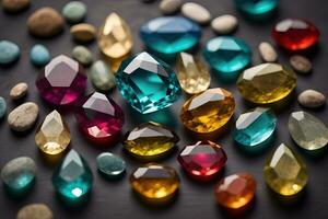Colorful gemstones on black wooden table, close-up. ai generative photo