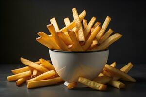 Bowl with tasty golden French fries on grey table, closeup. generative ai photo