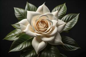 White rose with green leaves on a solid color background, top view. ai generative photo