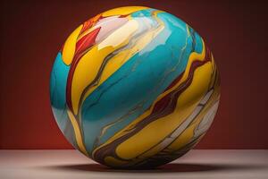 Colorful marble ball on a solid colour background. Close-up. ai generative photo