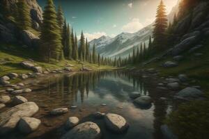 Beautiful fantasy landscape with a river in the mountains. ai generative photo