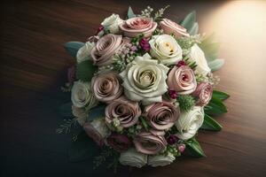 Beautiful bridal bouquet of different flowers on a dark background. ai generative photo