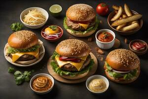 Hamburgers with french fries on wooden table, closeup. ai generative photo