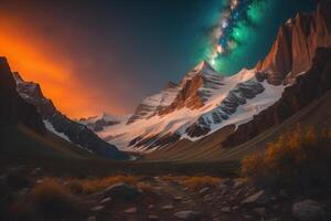 Mountain landscape with starry sky and aurora borealis. photo