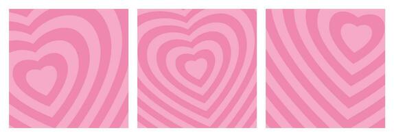 Set of 3 Stylized Concentric Hearts, Romantic Backgrounds. Square Compositions of Pink Color Centered Around Zooming Heart, Holiday Graphics. vector