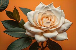 White rose with green leaves on a solid color background, top view. ai generative photo