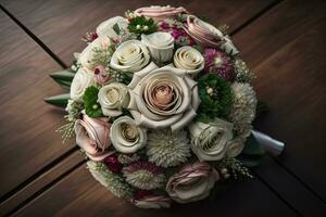 Beautiful bridal bouquet of different flowers on a dark background. ai generative photo