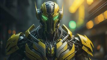 cyber man with green armor and yellow helmet in the dark. generative ai photo