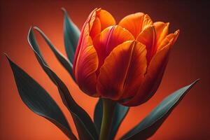 Red tulip on orange background. Close up. Toned. generative ai photo