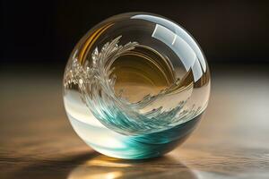 Transparent crystal ball on a wooden table. ai generative photo