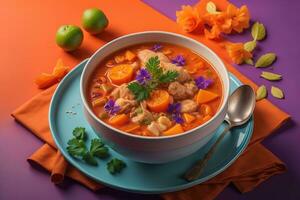 vegetal sopa en un cuenco en de madera antecedentes. ai generativo foto